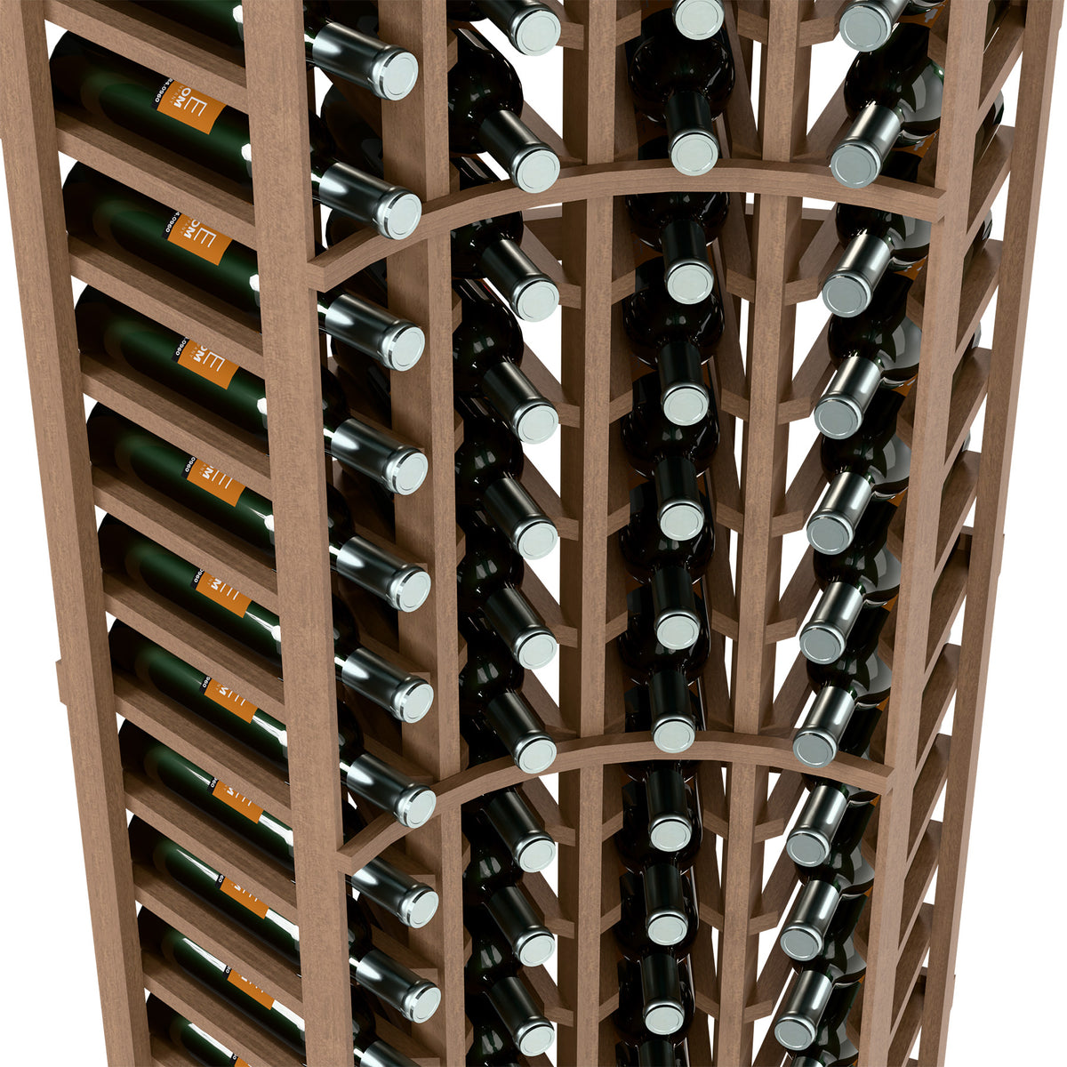Close-up light wood wine rack showing angled bottle holders and metal ring caps.
