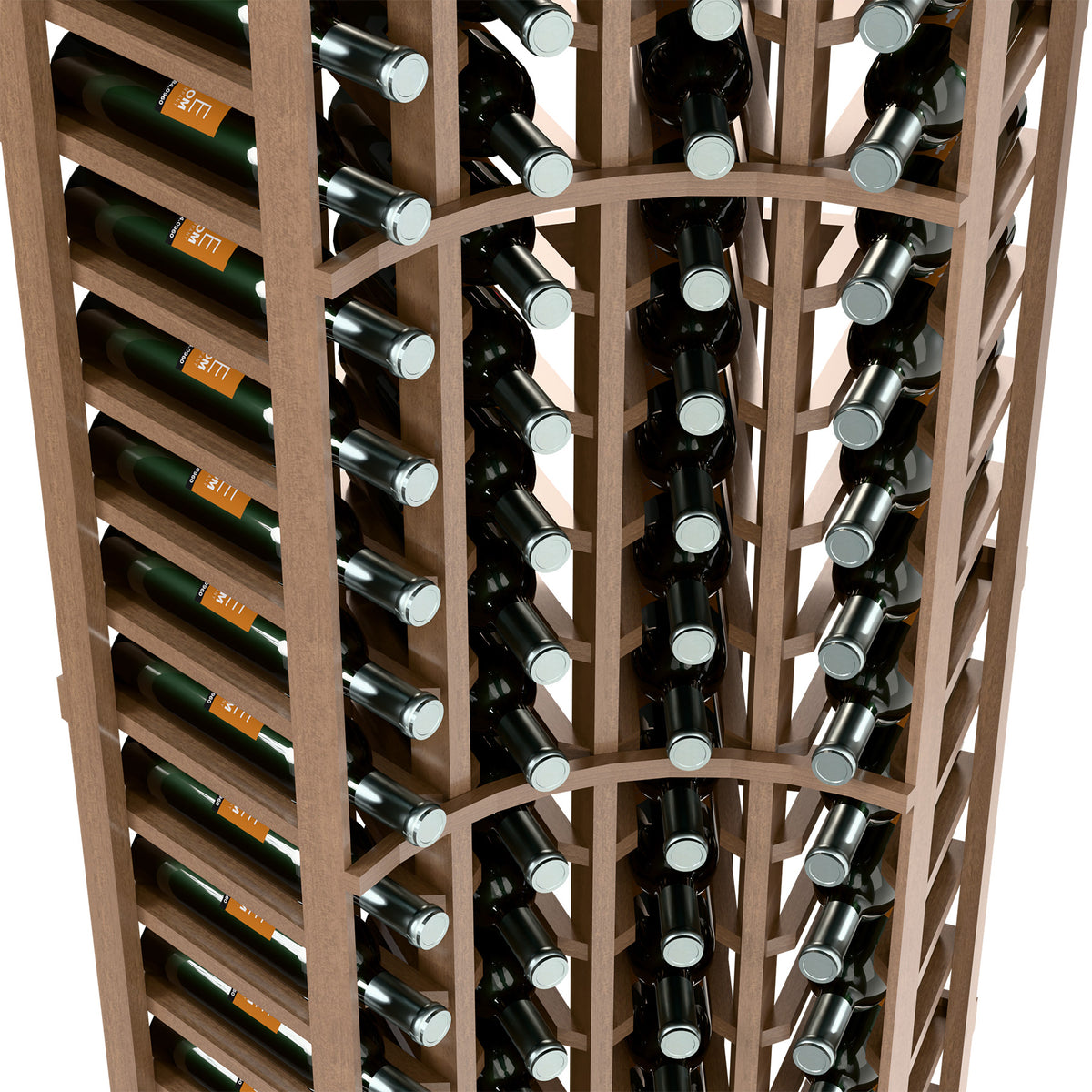 Close-up light wood wine rack with multiple bottle rows and circular metal bottle rings.