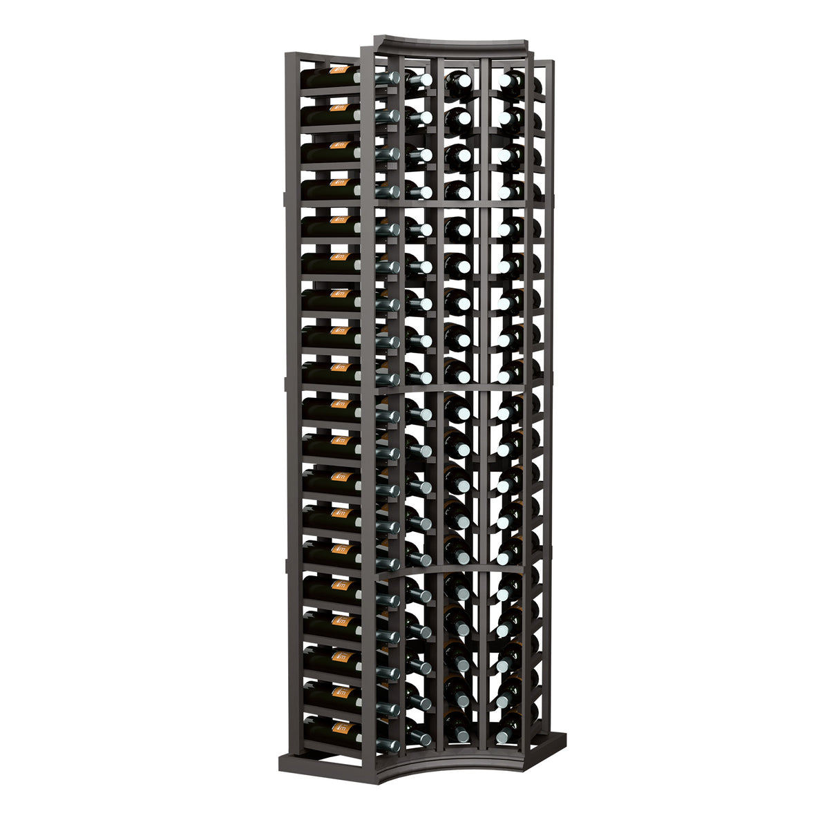 Dark 4-column wine bottle rack with curved corner, bottles in angled cradle slots.