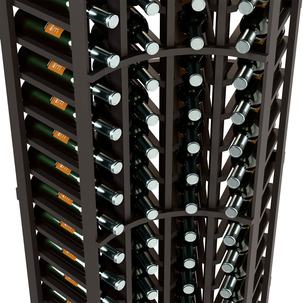 Close-up dark wine rack showing angled bottle holders with circular metal bottle rings.