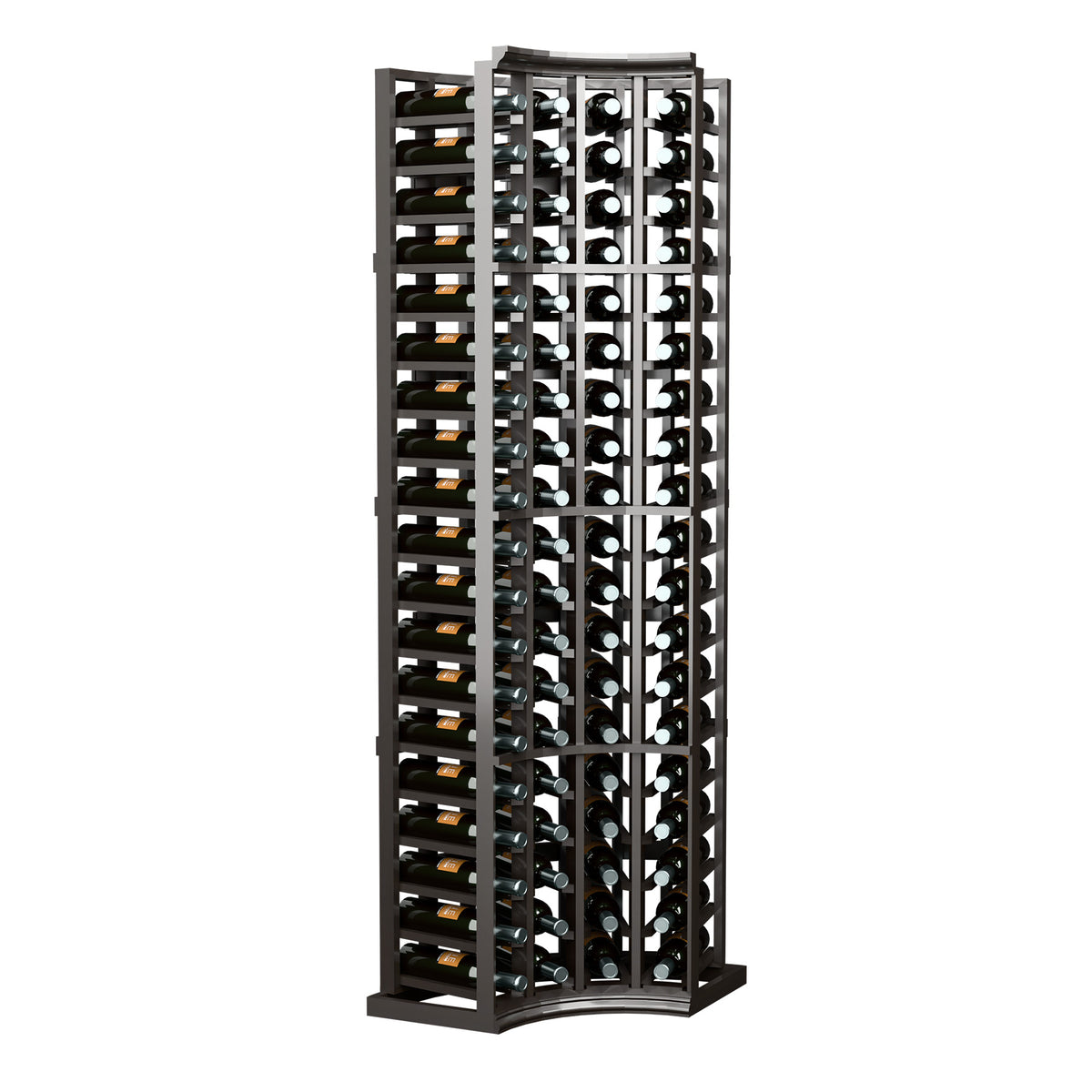 Dark wine bottle rack with curved corner lattice and angled slots for multiple bottles.