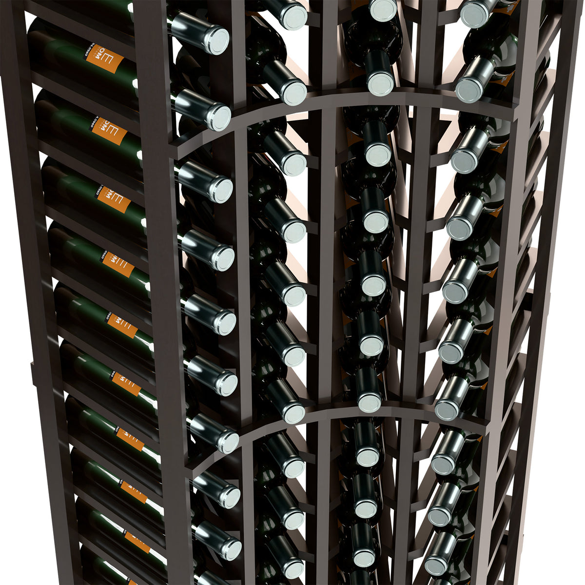 Close-up dark wine rack with angled bottle cradles and metal ring bottle caps.