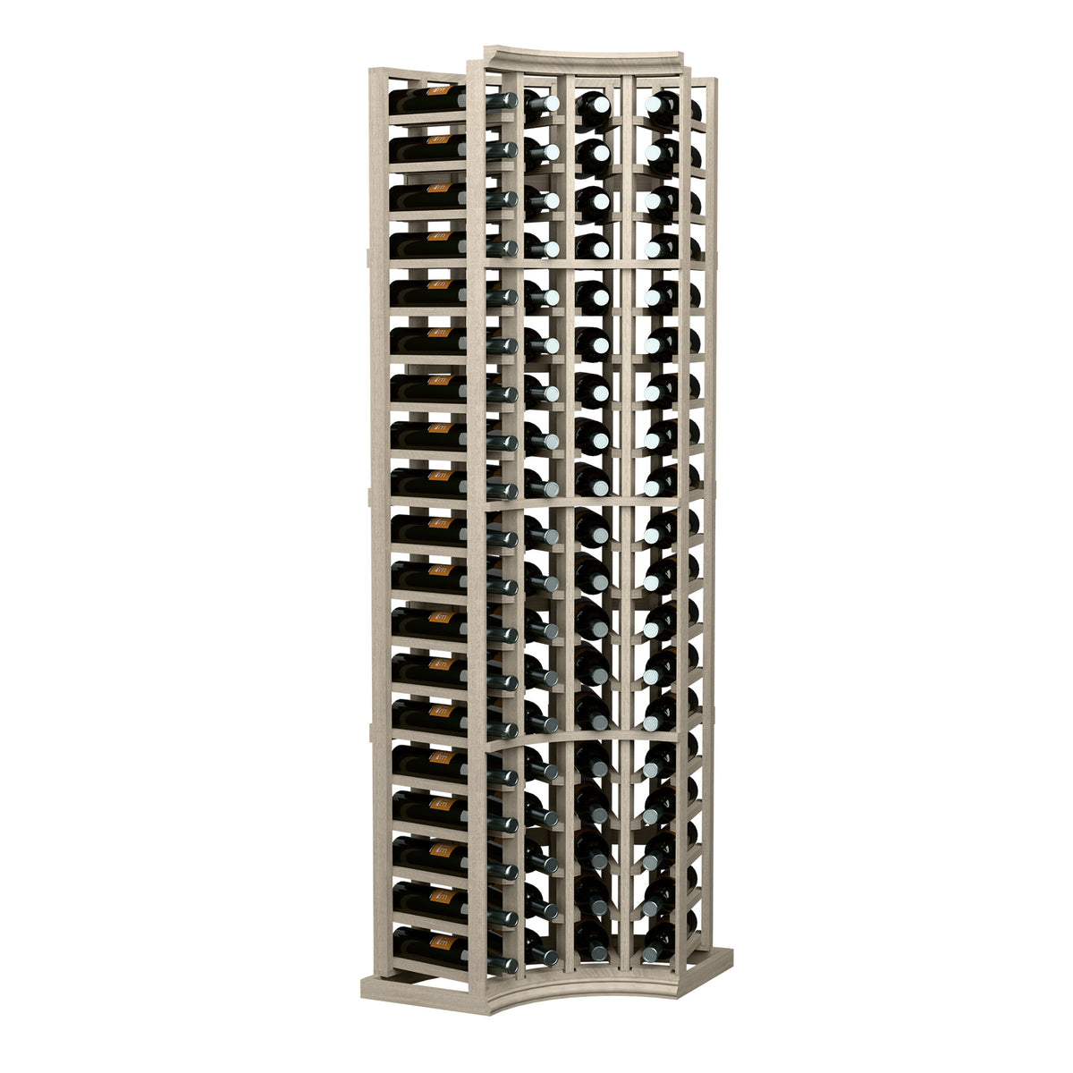 4-column curved corner wine rack with open grid holding bottles in light wood frame