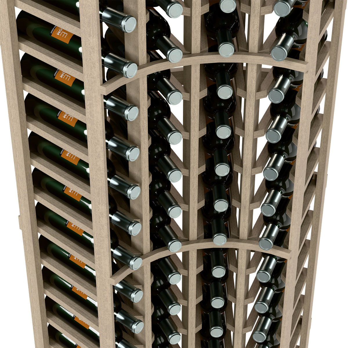 Curved corner wine rack interior with bottle necks in a light wood grid