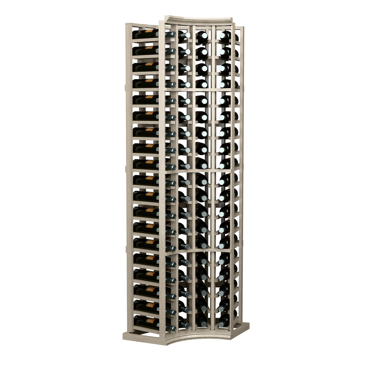 Tall 4-column curved corner wine rack with bottle openings in light wood frame