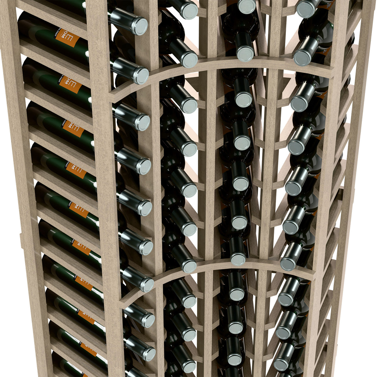 Close view of curved corner wine rack holding bottles in dark-inset grid sections