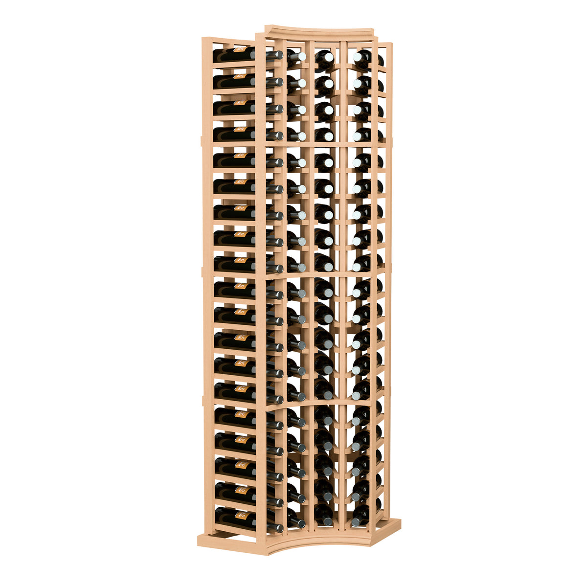 4-column curved corner wine rack with bottle storage in pale wood frame
