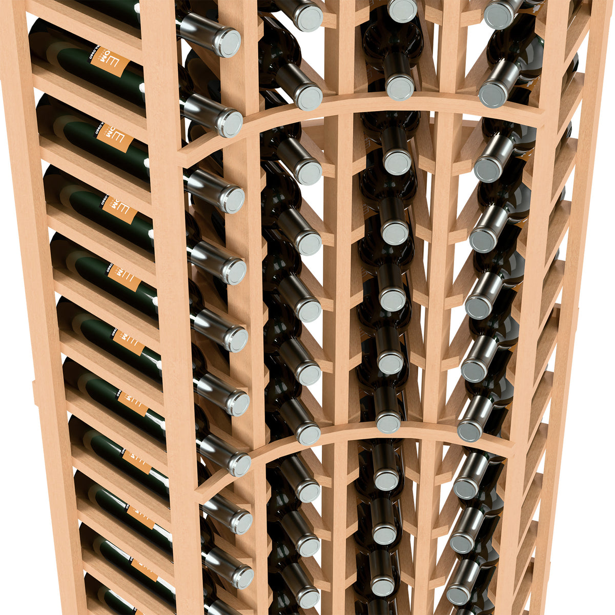 Interior view of pale wood curved corner wine rack with bottles and metal bottle caps