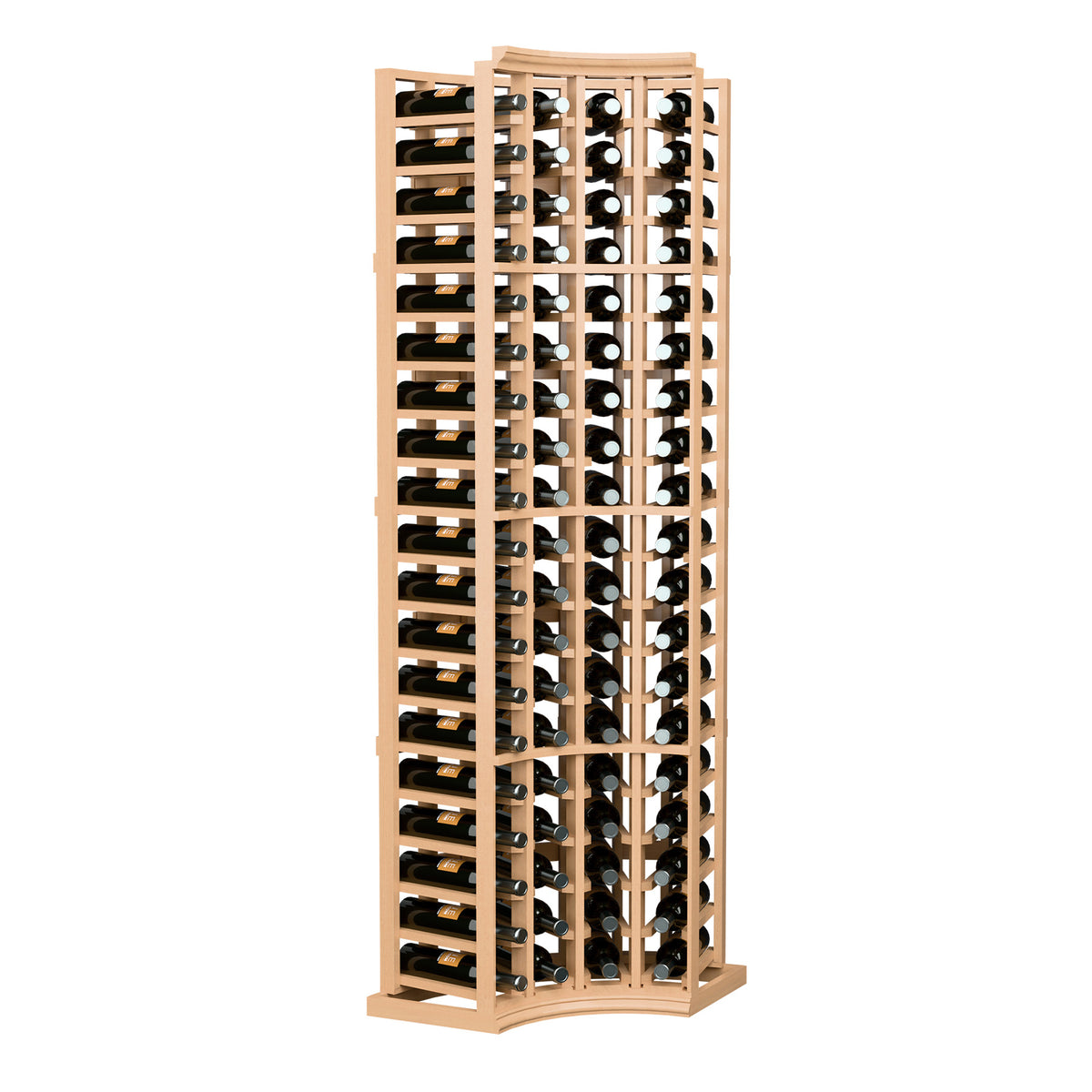 Tall curved corner wine rack with 4 columns and bottle slots in pale wood frame