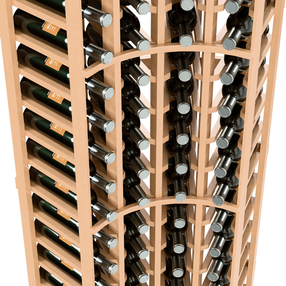 Close-up of pale wood curved corner wine rack with bottles arranged in grid rows