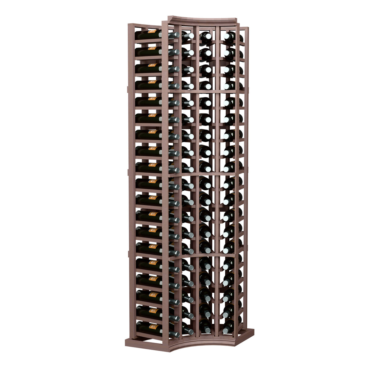 4-column curved corner wine rack with bottle openings in dark wood frame