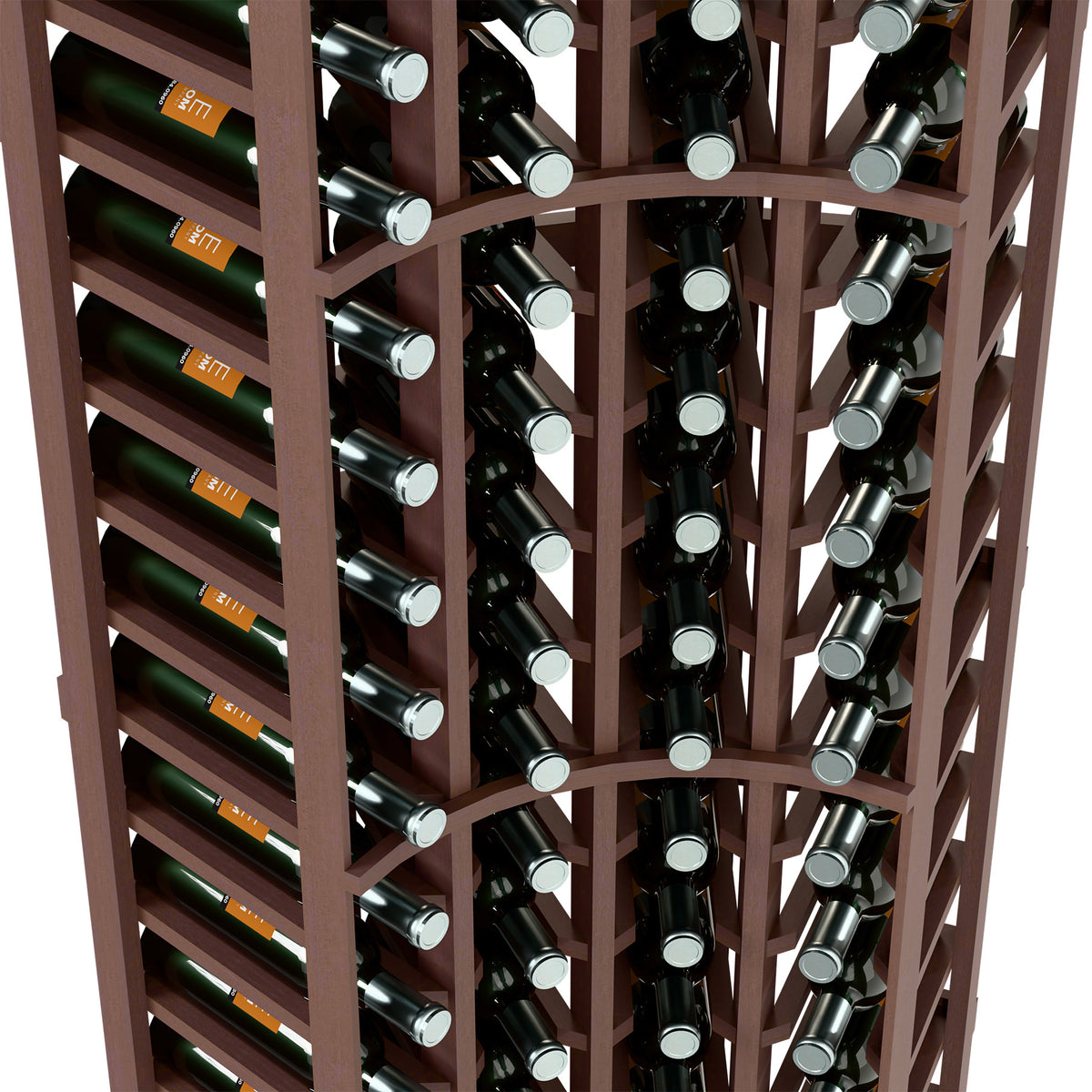 Interior close-up of dark wood curved corner wine rack holding bottles in rows
