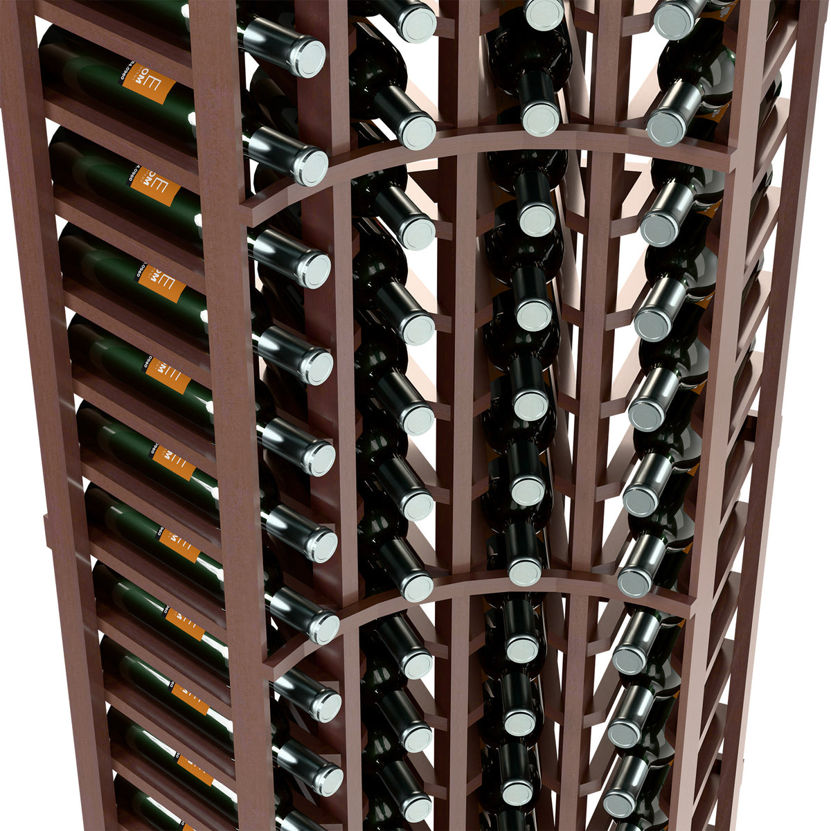 Close-up of dark wood 4-column curved corner wine rack holding wine bottles