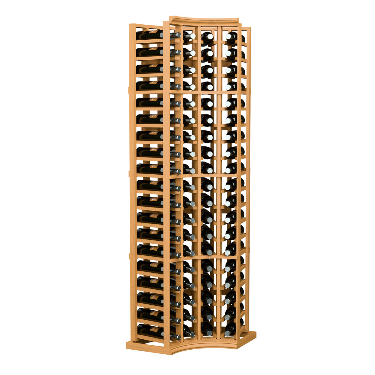 Light wood 4-column curved corner wine rack, 6 ft tall with bottle slots
