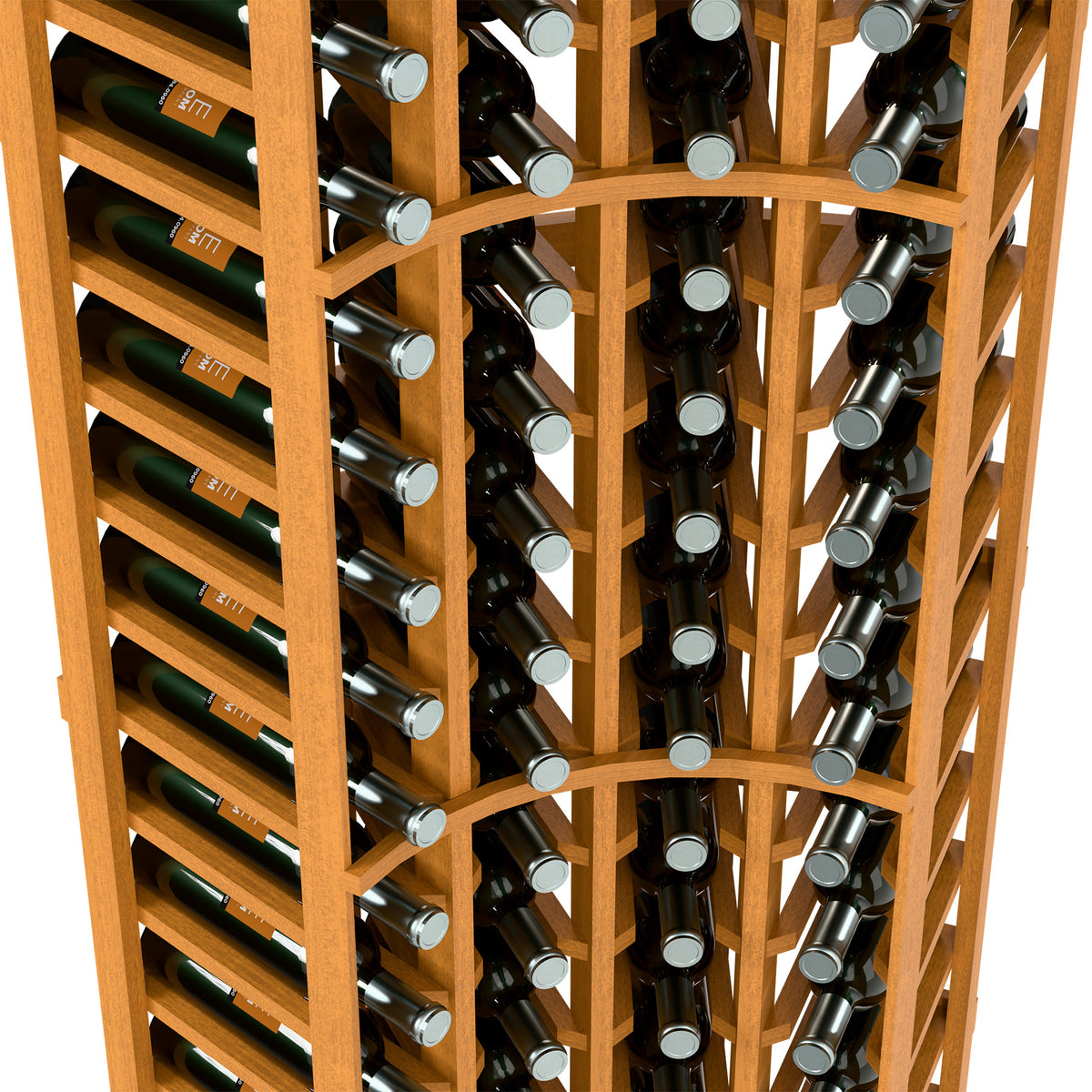 Close-up of light wood 4-column curved corner wine rack holding wine bottles