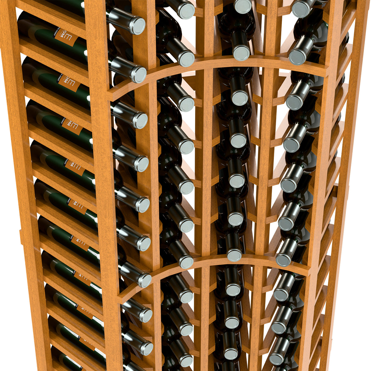 Close-up of light wood 4-column curved corner wine rack with wine bottle rows