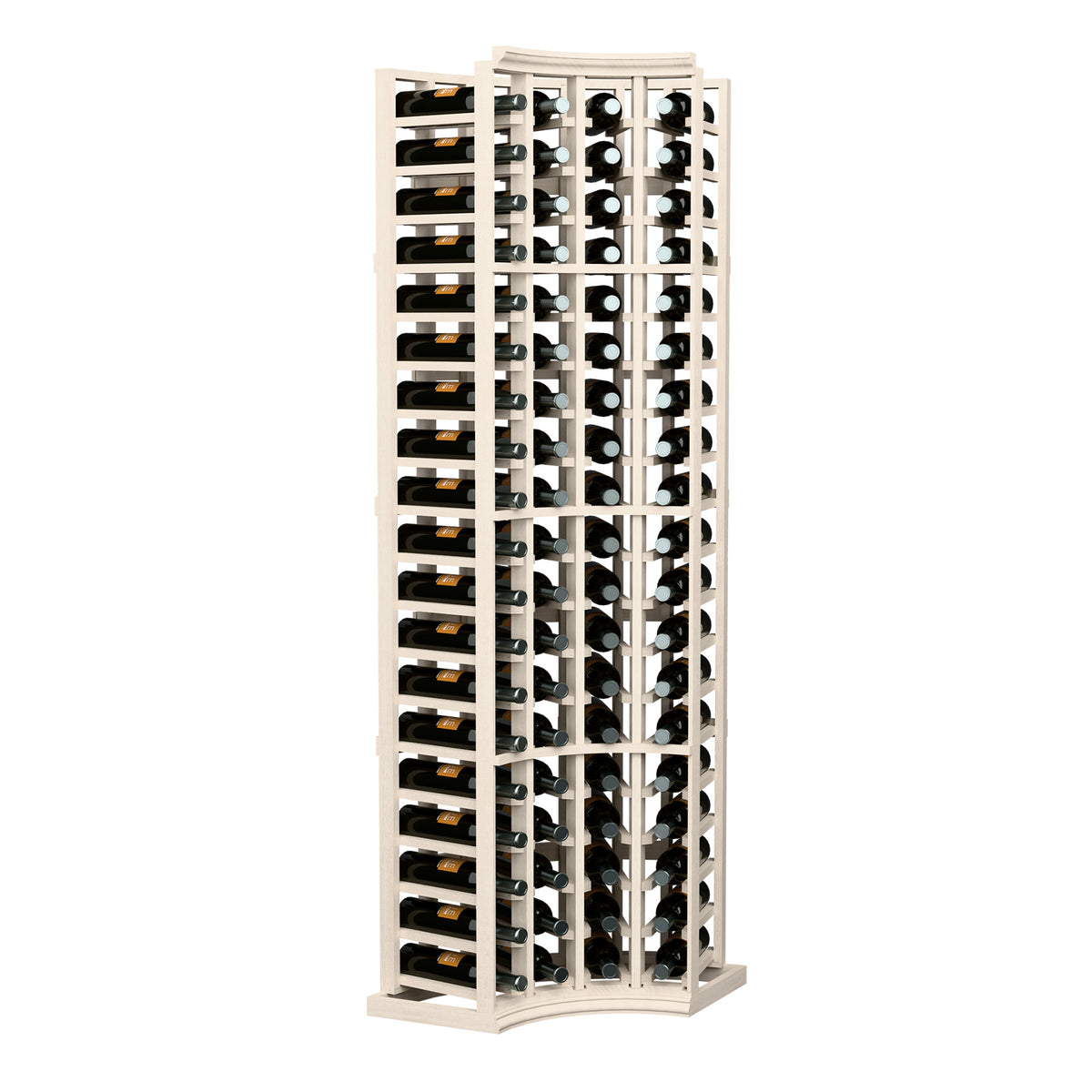 White 4-column curved corner wine rack, 6 ft tall with bottle storage