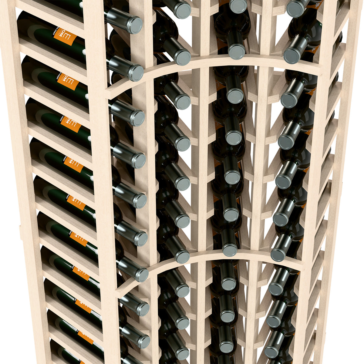 Close-up of white 4-column curved corner wine rack holding wine bottles