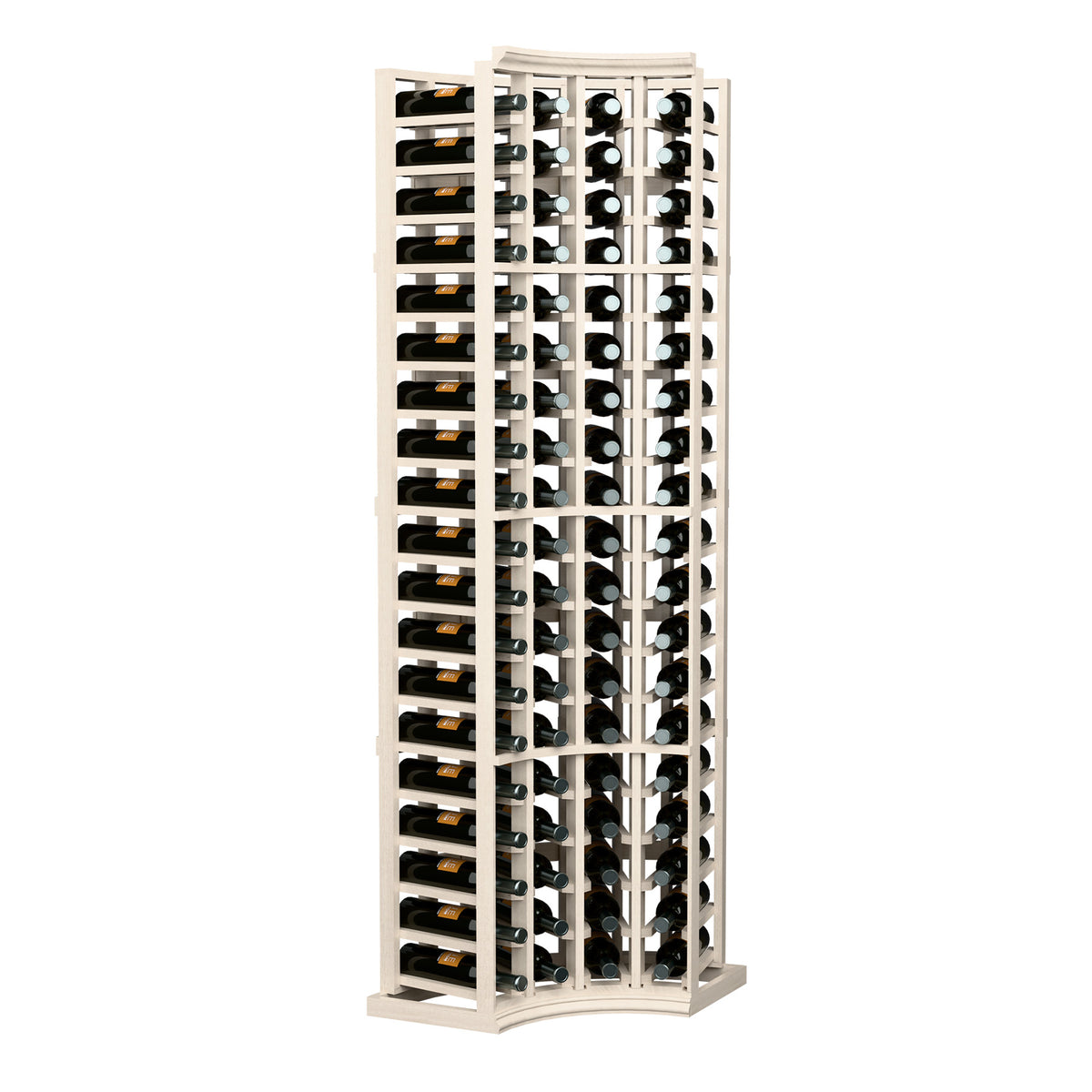 White 4-column curved corner wine rack, 6 ft tall with wine bottle slots