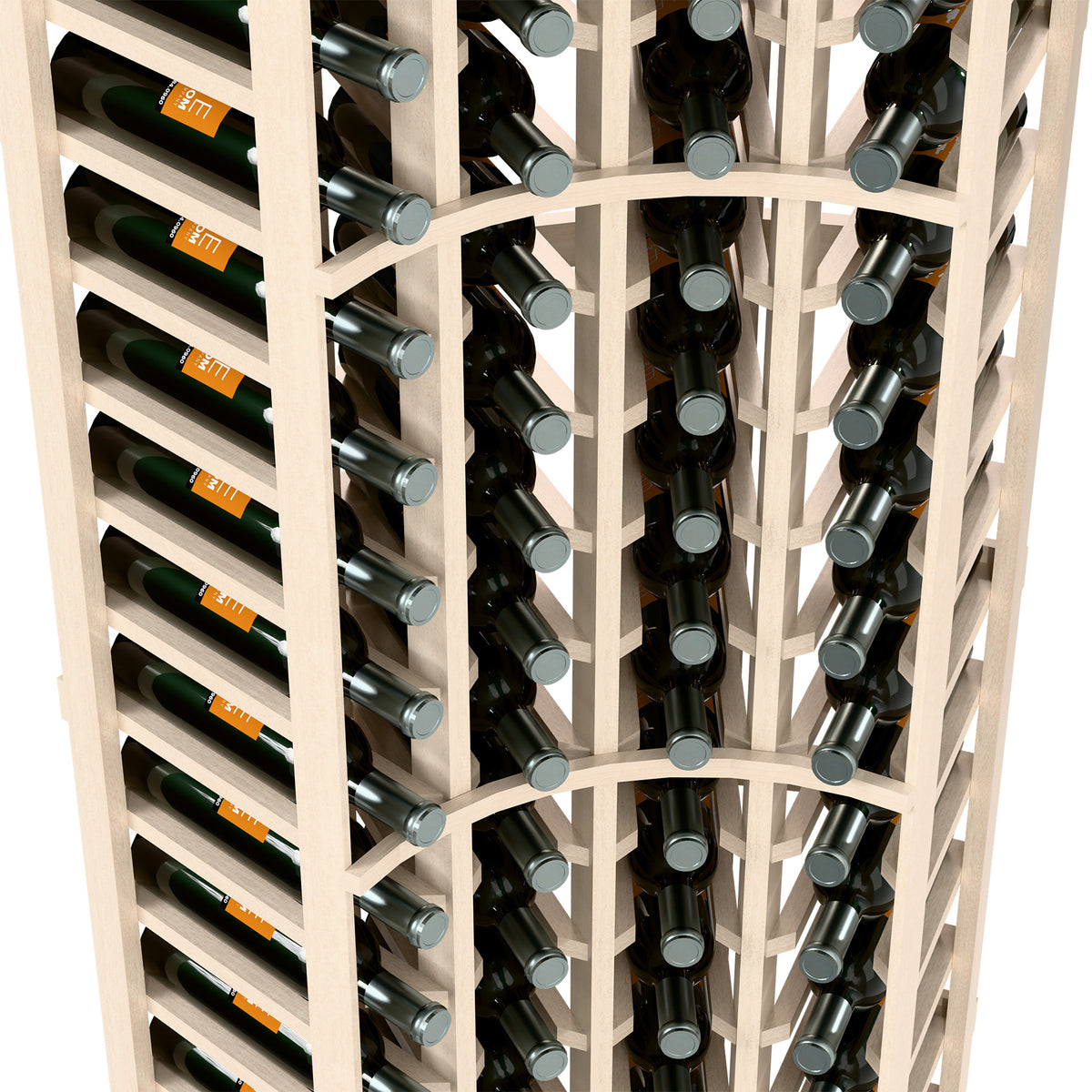 Close-up of white 4-column curved corner wine rack with bottle openings