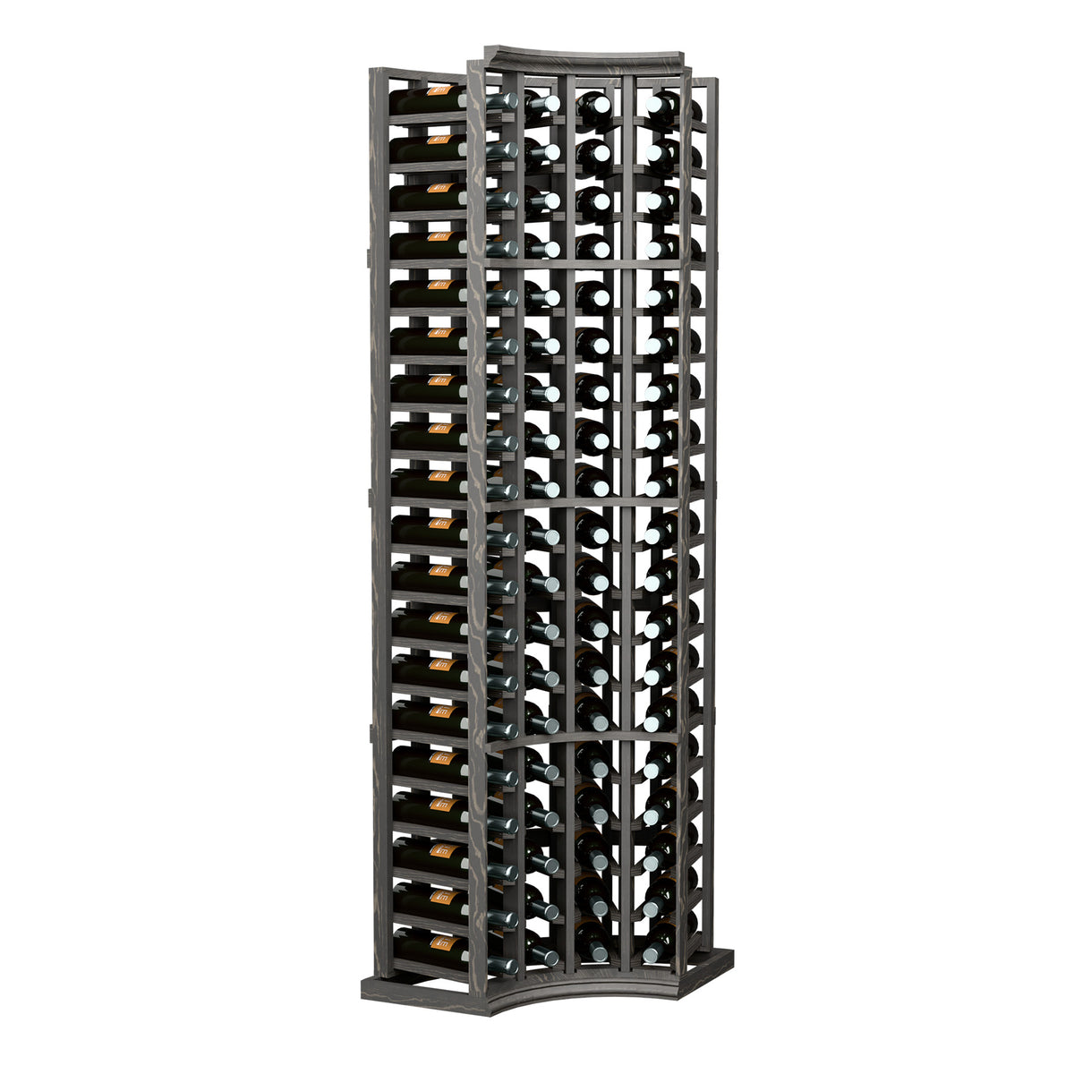 Dark gray 4-column curved corner wine rack holding wine bottles