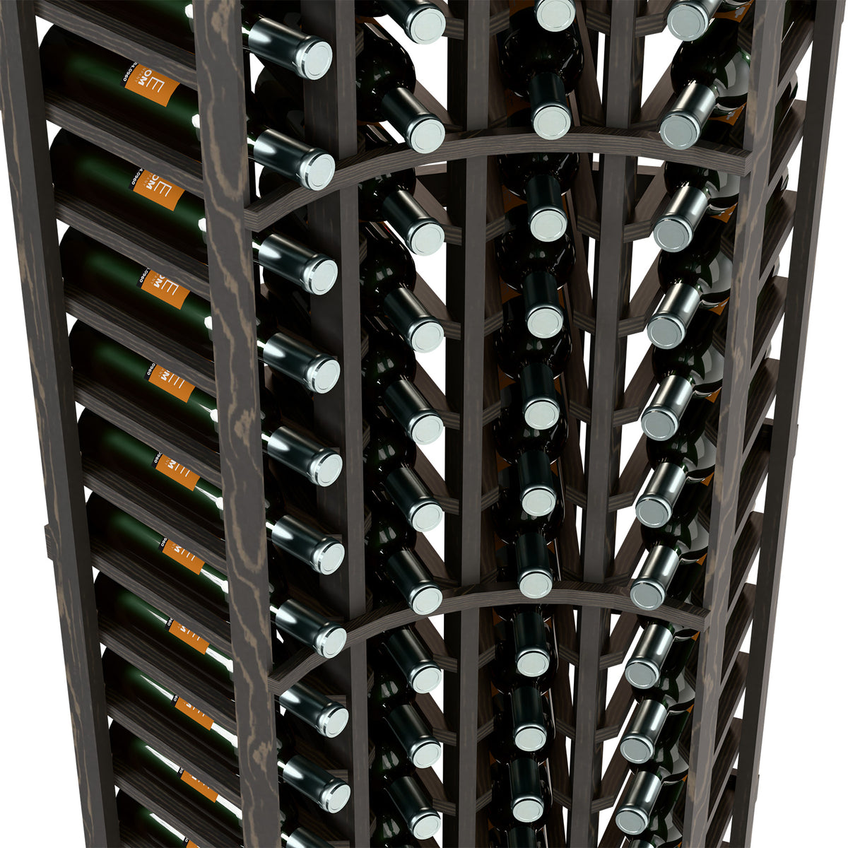 Close-up of dark gray wine rack with bottle rows and circular slots