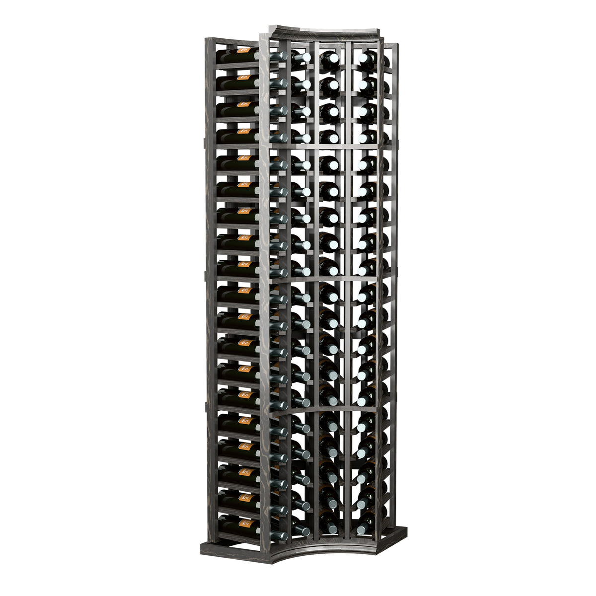 Dark gray curved corner wine rack with 4 columns of bottle storage