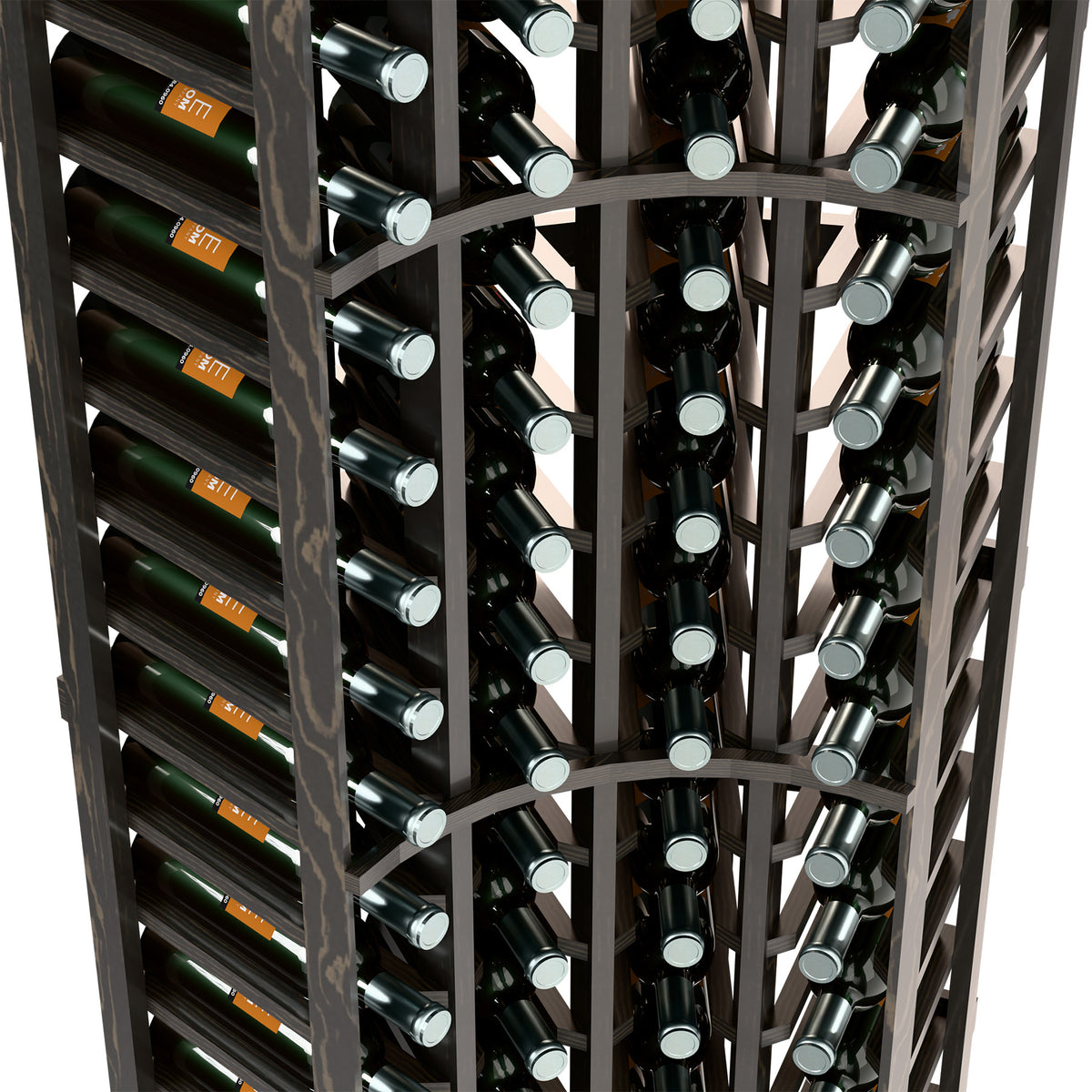 Close-up view of dark gray wine rack with bottles in curved compartments