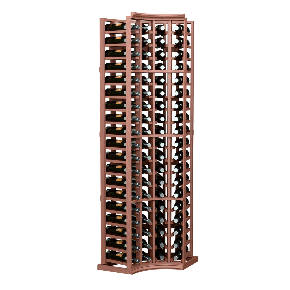 Reddish-brown 4-column curved corner wine rack holding wine bottles