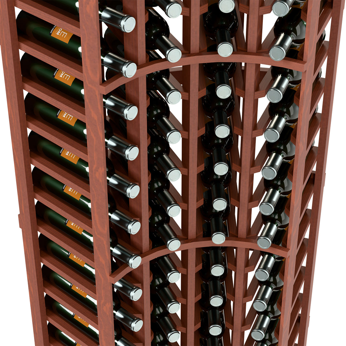 Close-up of reddish-brown wine rack with bottle rows and metal caps