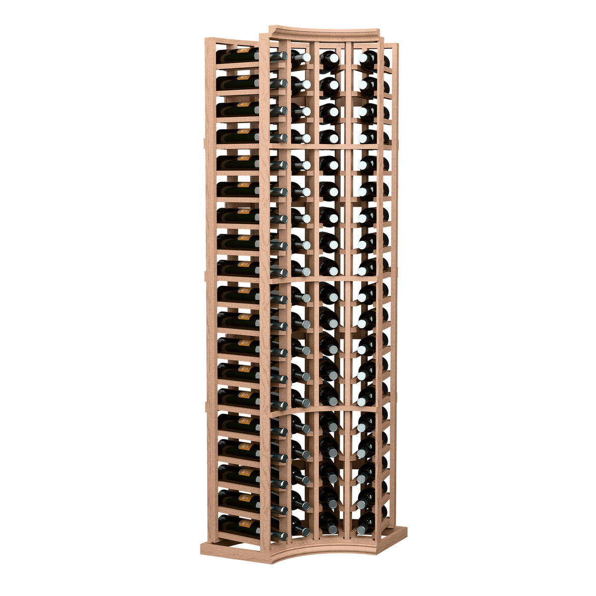 Reddish-brown 4-column curved corner wine rack with bottle compartments