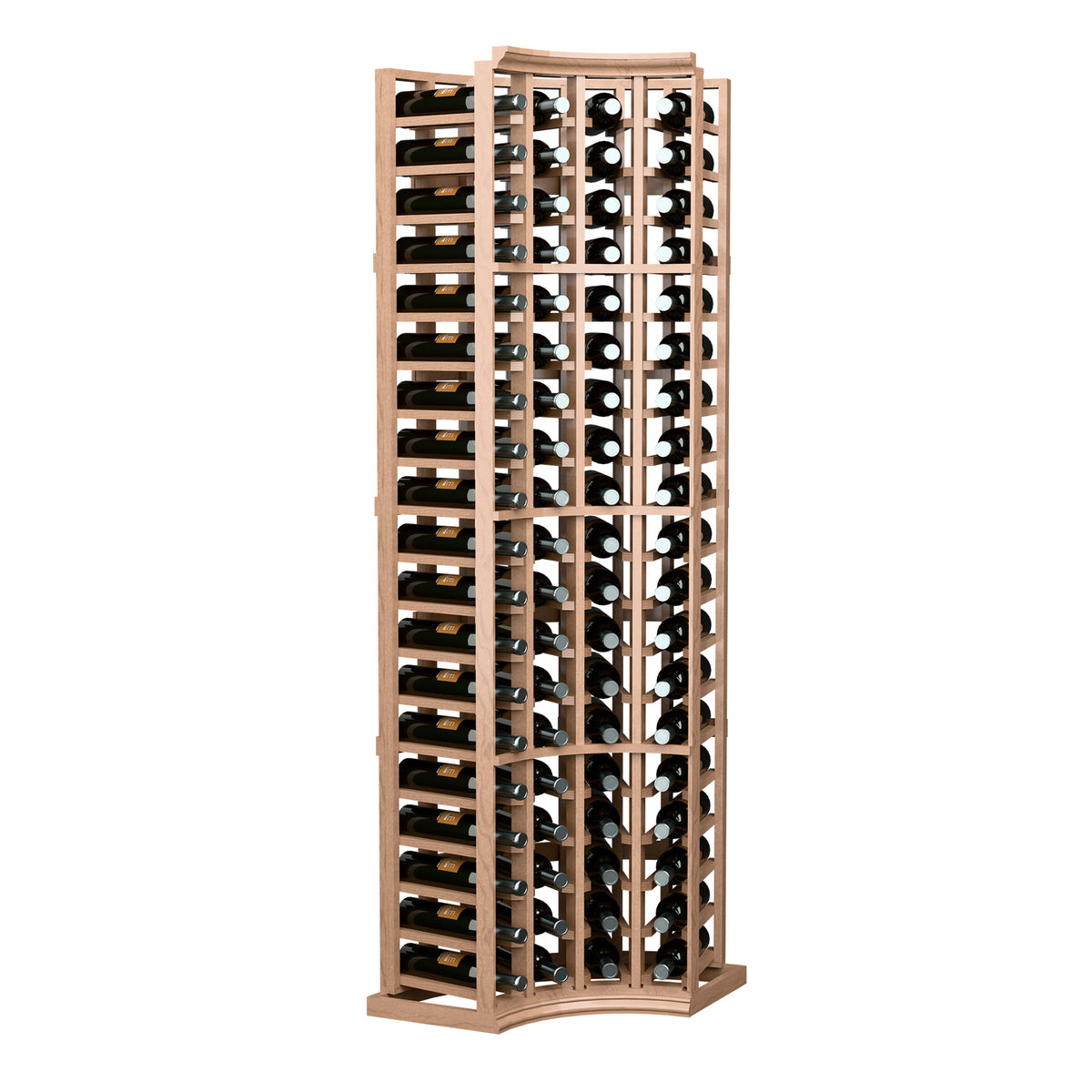 Wine bottle rack with curved corners, 4-column bottle storage, natural wood frame