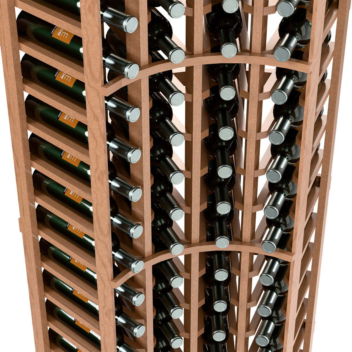 Curved wine bottle rack interior with bottle neck slots, natural wood frame and rows