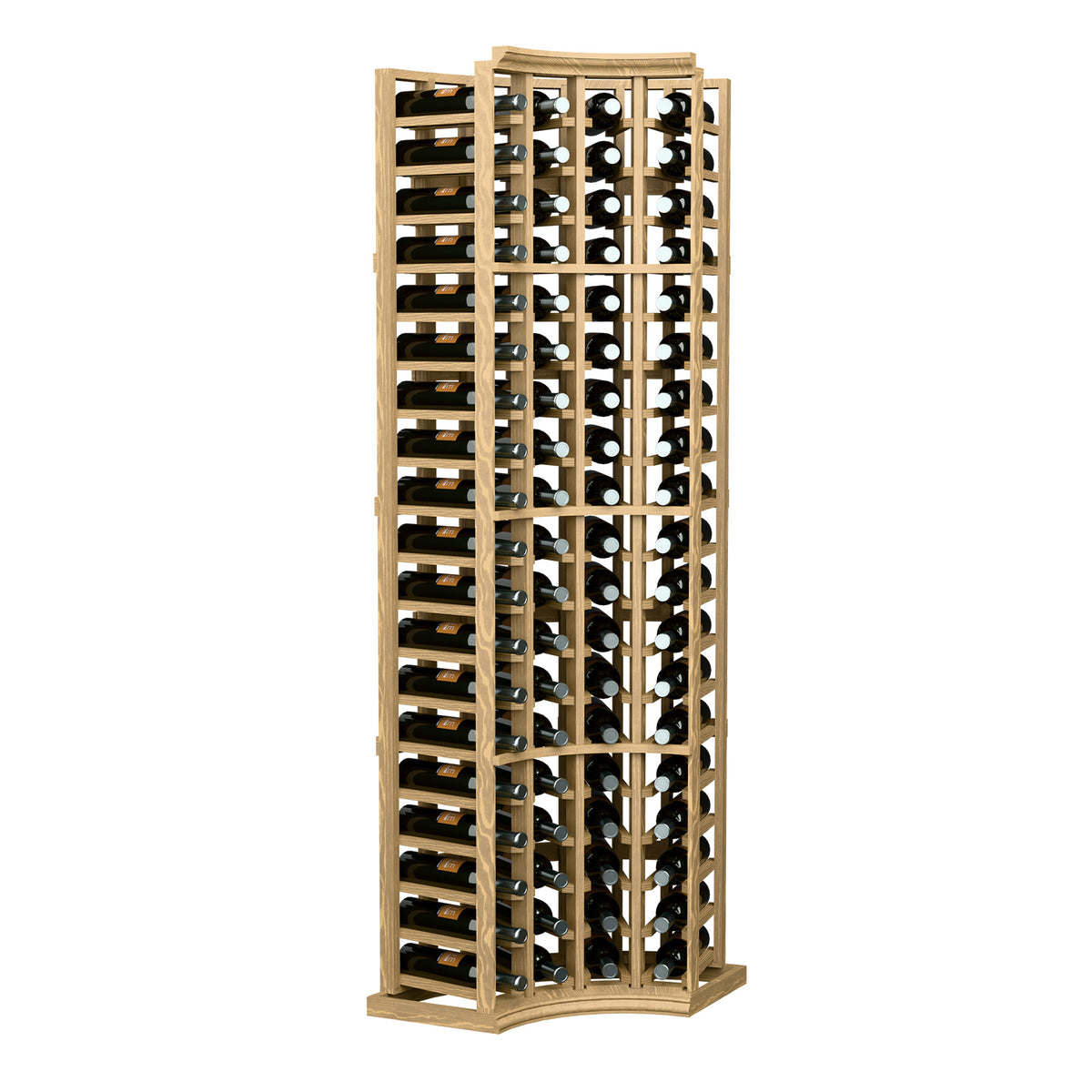 Wine bottle rack, curved corner design, 4-column bottle storage, light natural wood