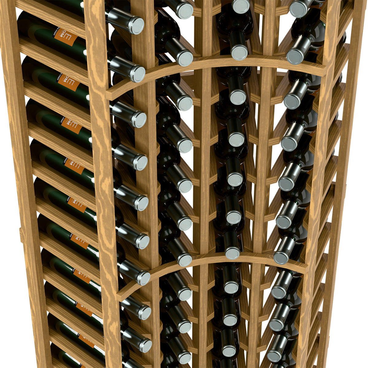 Curved wine bottle rack with bottle rows and neck holders, natural wood frame view