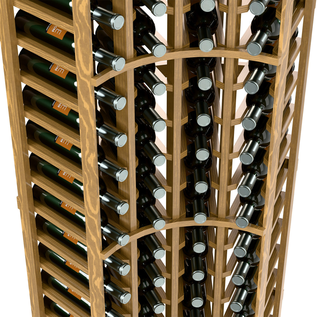 Close view of curved wine bottle rack interior with bottle neck slots, natural wood