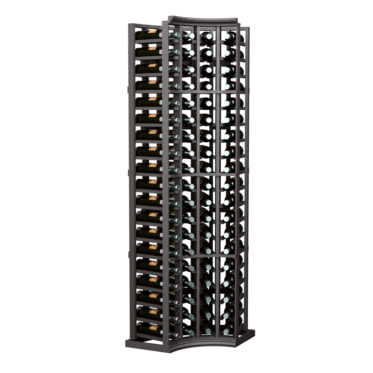 Wine bottle rack with curved corners, 4-column bottle storage, dark stained wood frame