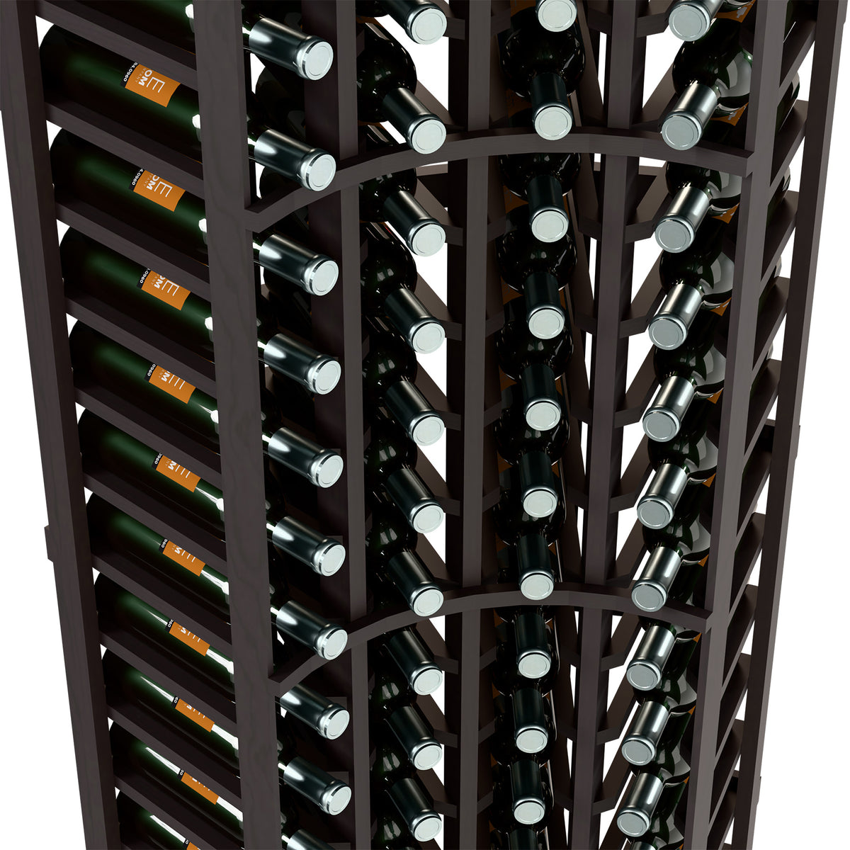 Curved wine bottle rack interior with bottle neck slots, dark frame and bottle rows