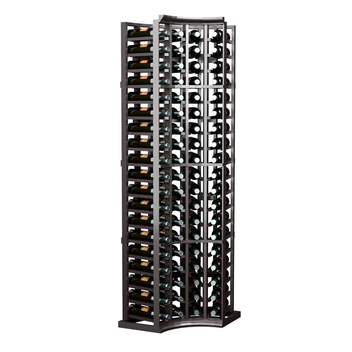 Wine bottle rack, curved corner design, 4-column bottle storage, dark stained wood