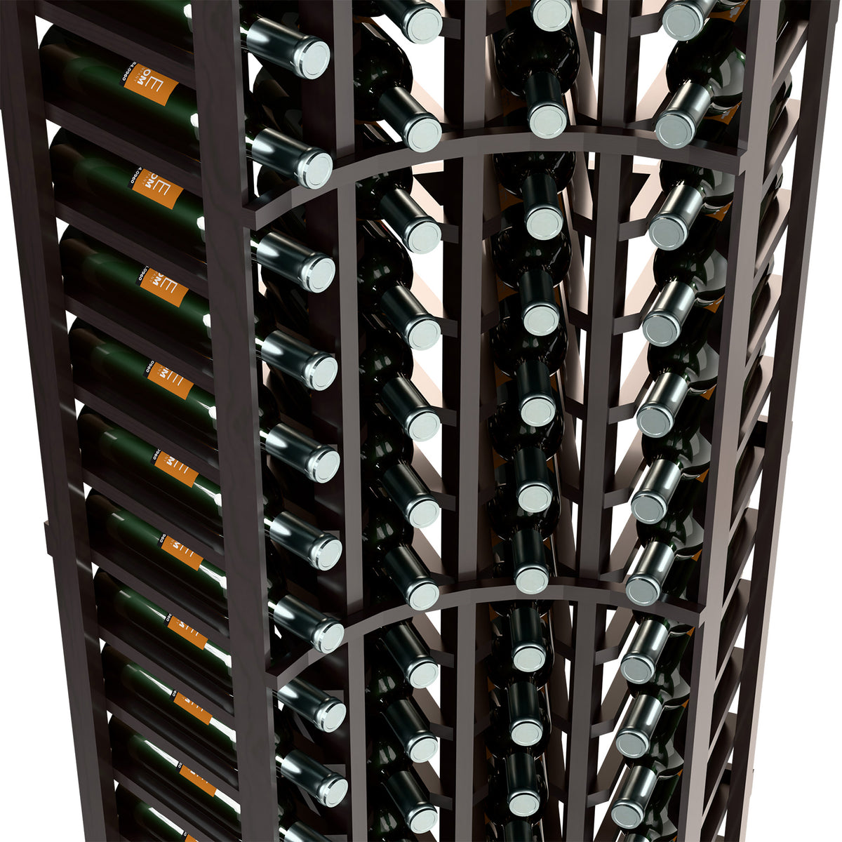 Close view of curved wine bottle rack interior with bottle neck holders, dark frame