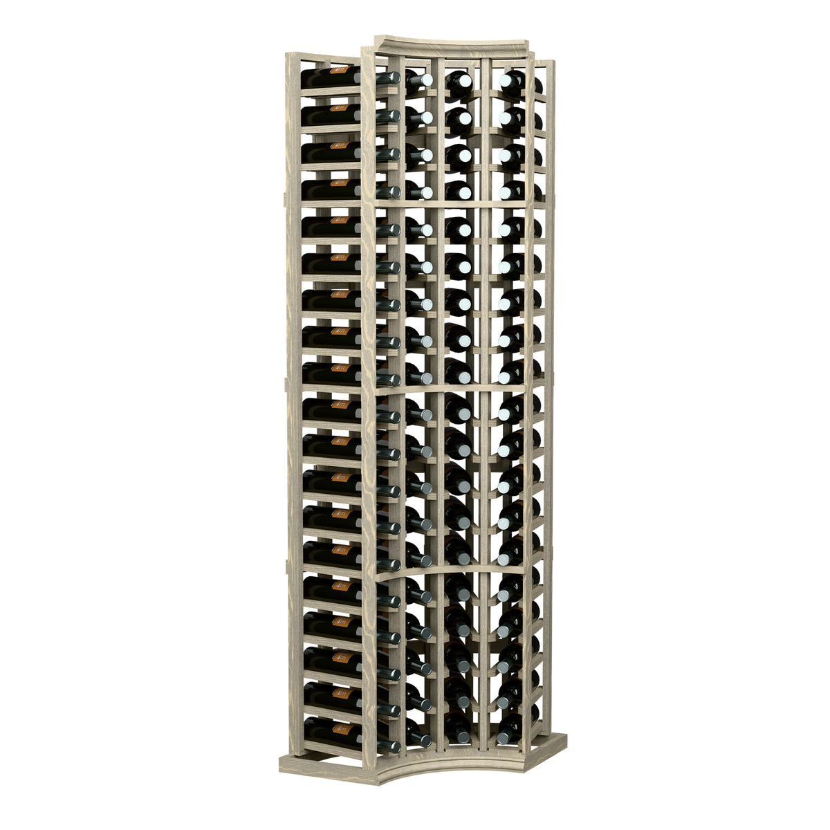 4-column curved-corner wine bottle rack in light gray wood, front view