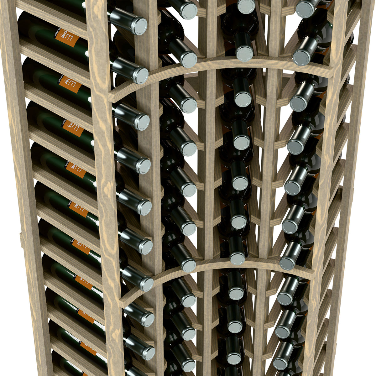 4-column wine bottle rack close-up with bottle slots in light wood frame