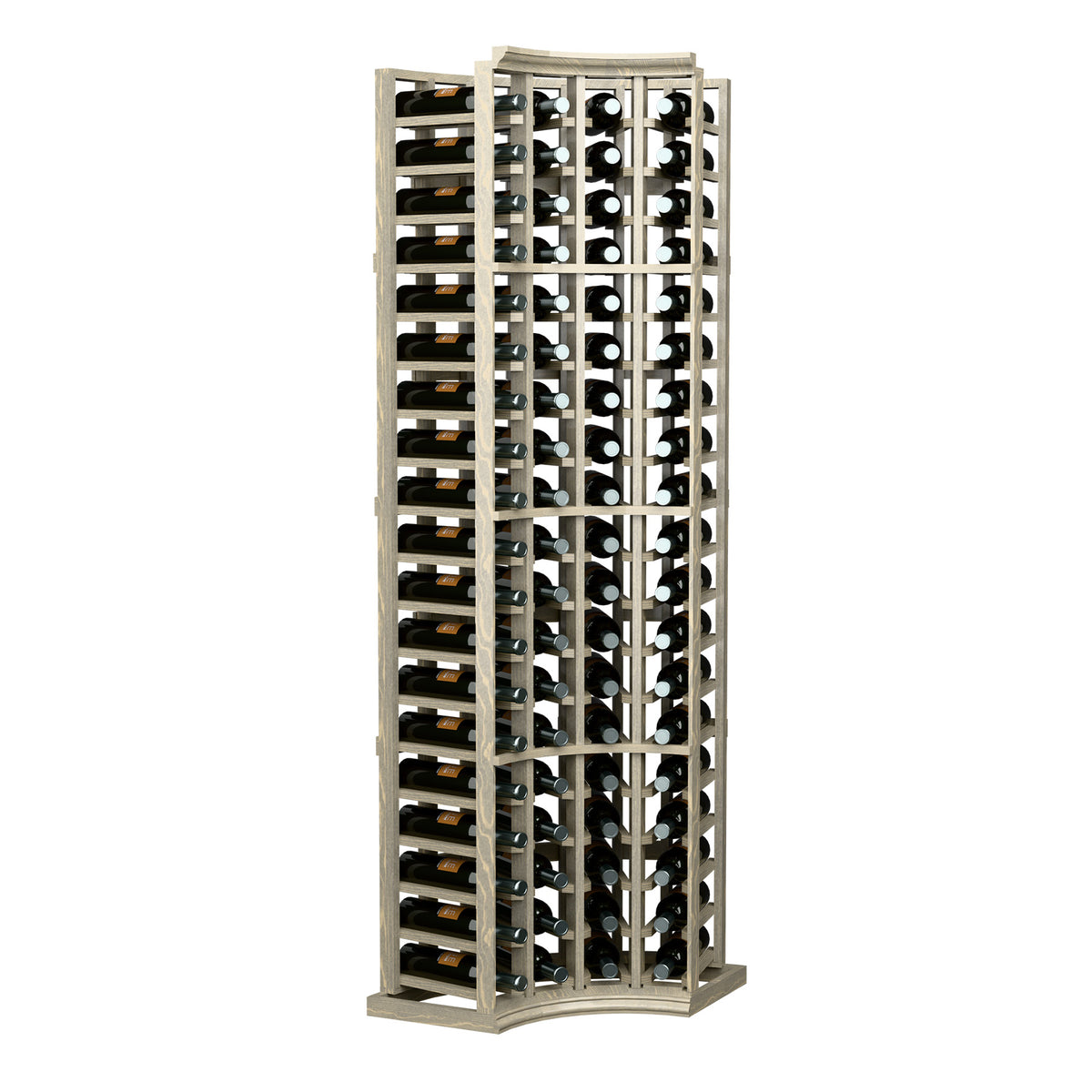 4-column curved-corner wine bottle rack in light gray wood, full front view
