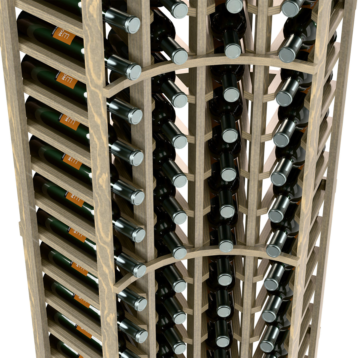 4-column wine bottle rack close-up showing bottle rows in light wood frame