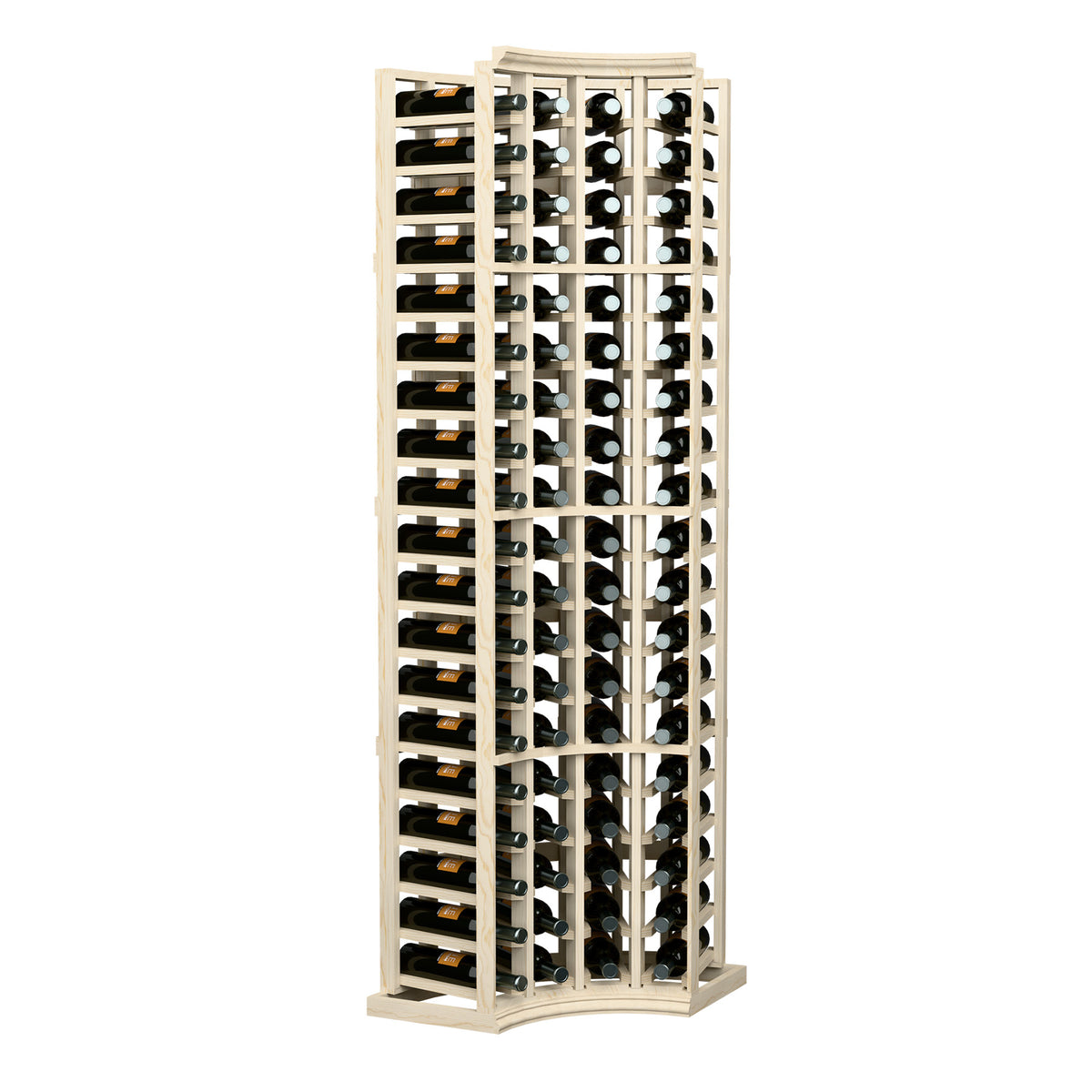 4-column curved-corner wine bottle rack in light cream wood, front view