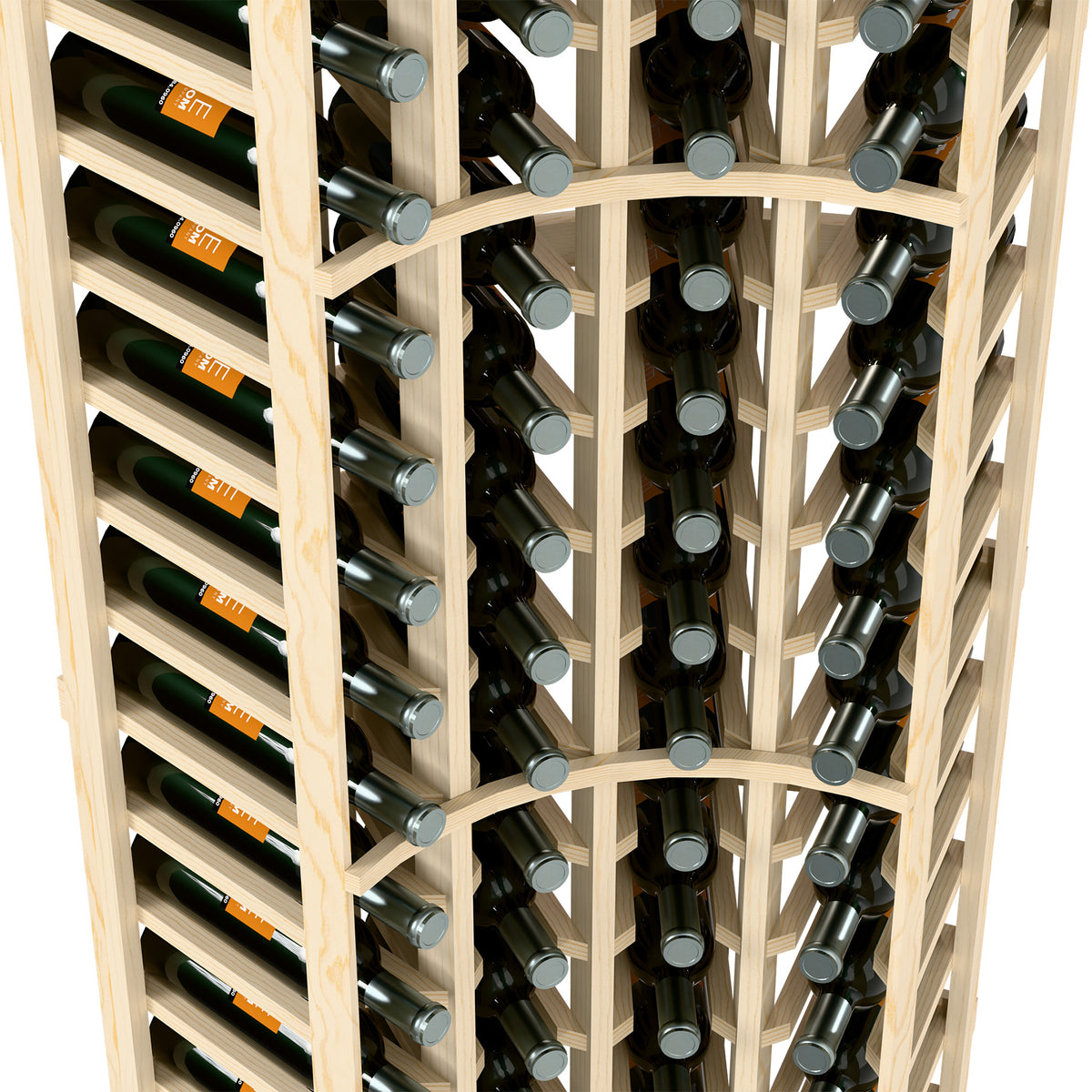 4-column wine bottle rack close-up with bottle neck slots in light wood frame