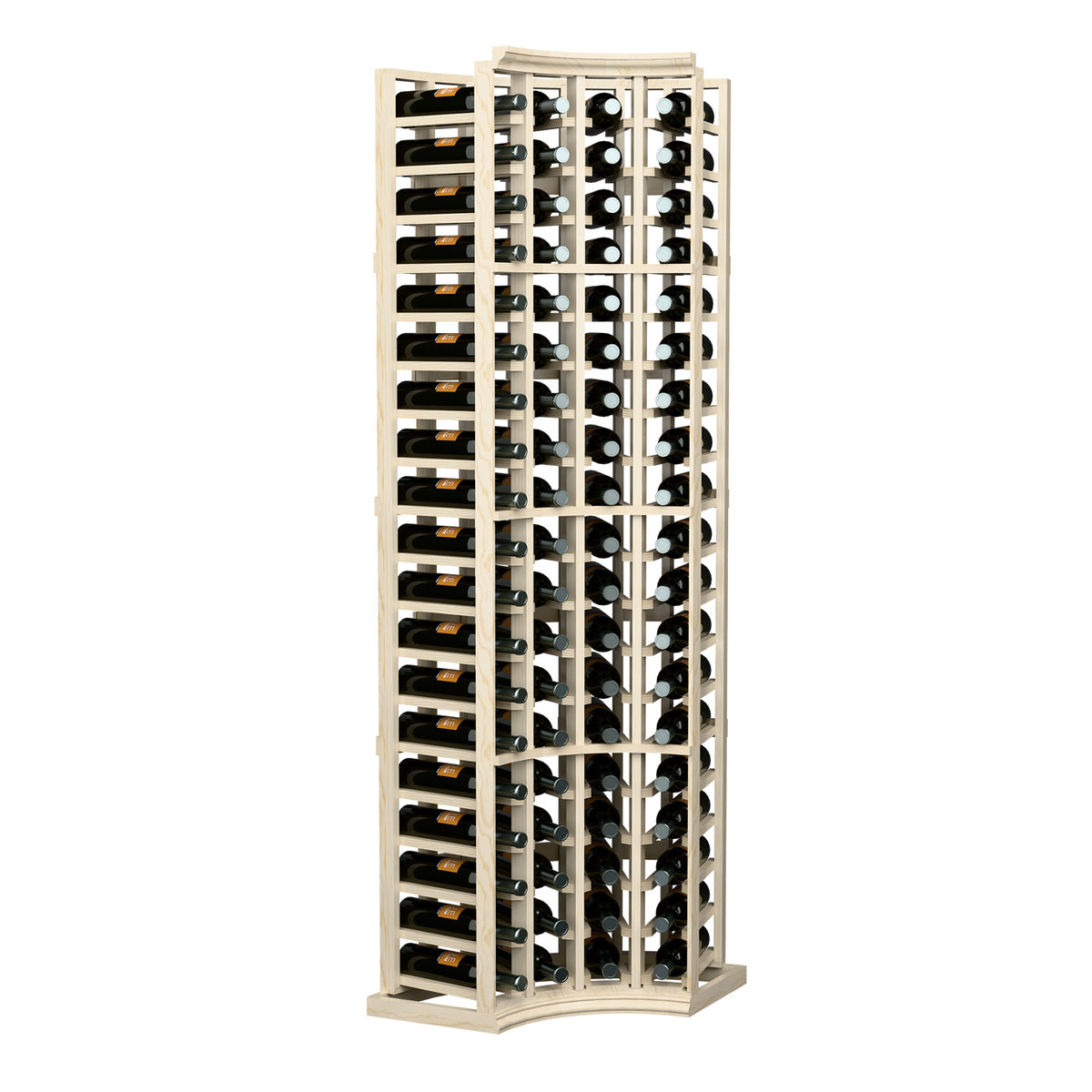 4-column curved-corner wine bottle rack in light cream wood, centered front view