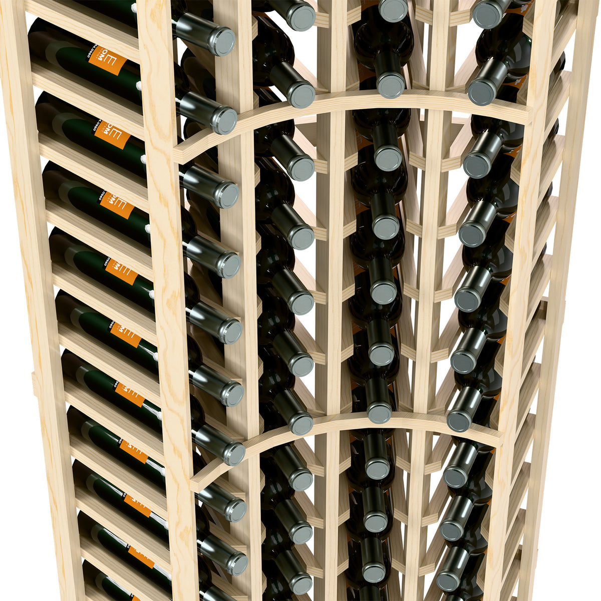 4-column wine bottle rack close-up showing bottle rows in light wood frame