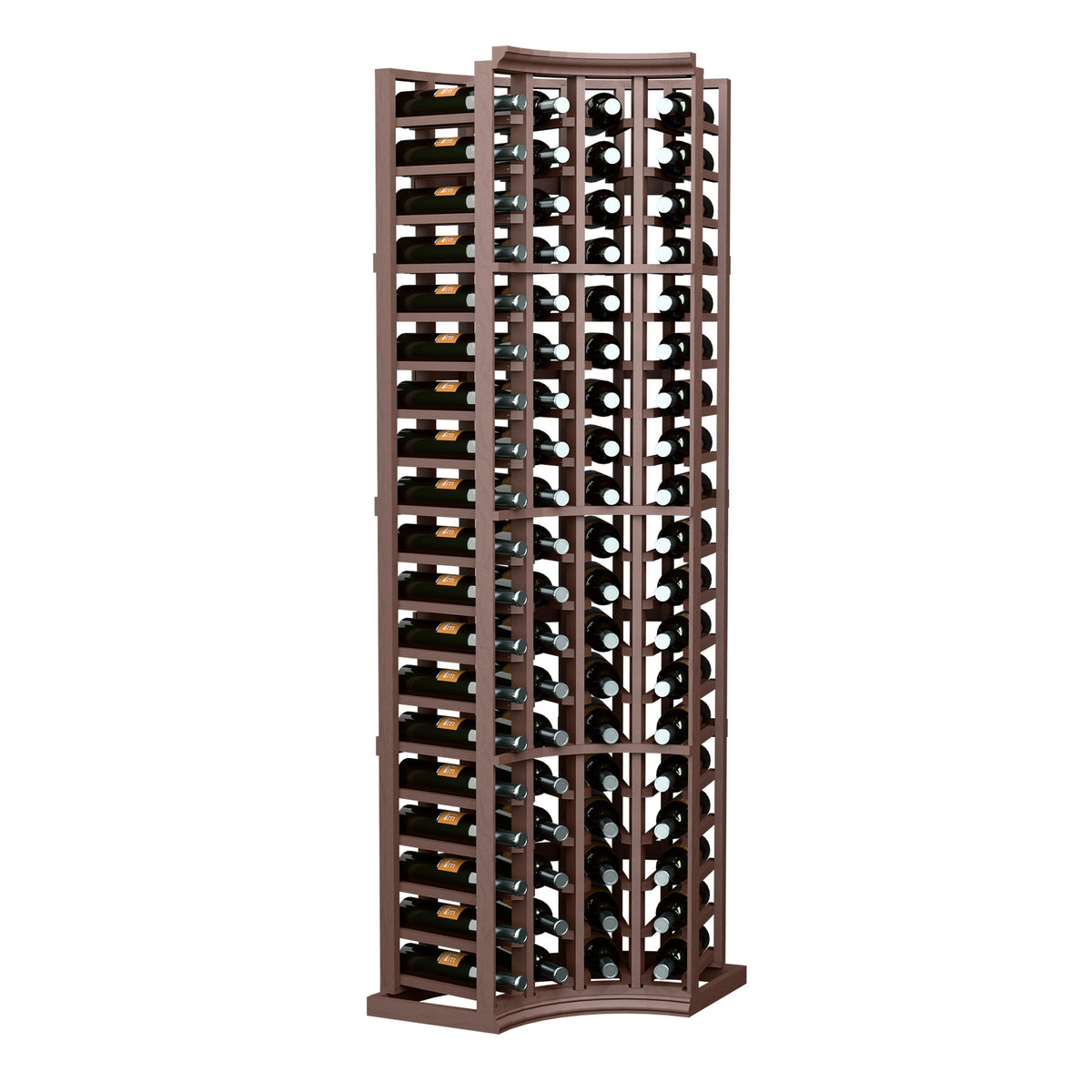 4-column curved-corner wine bottle rack in dark brown wood, front view