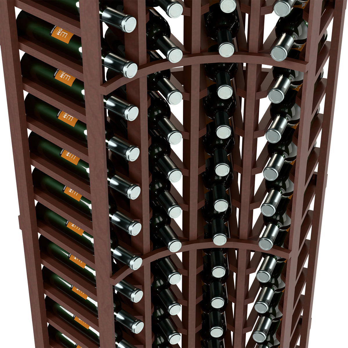 4-column wine bottle rack close-up with bottle slots in dark brown wood frame
